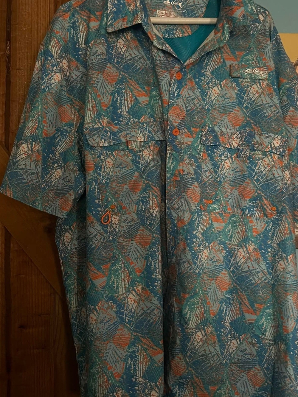 Casual Short-Sleeve Button-Down Shirt - Teal & Orange Abstract